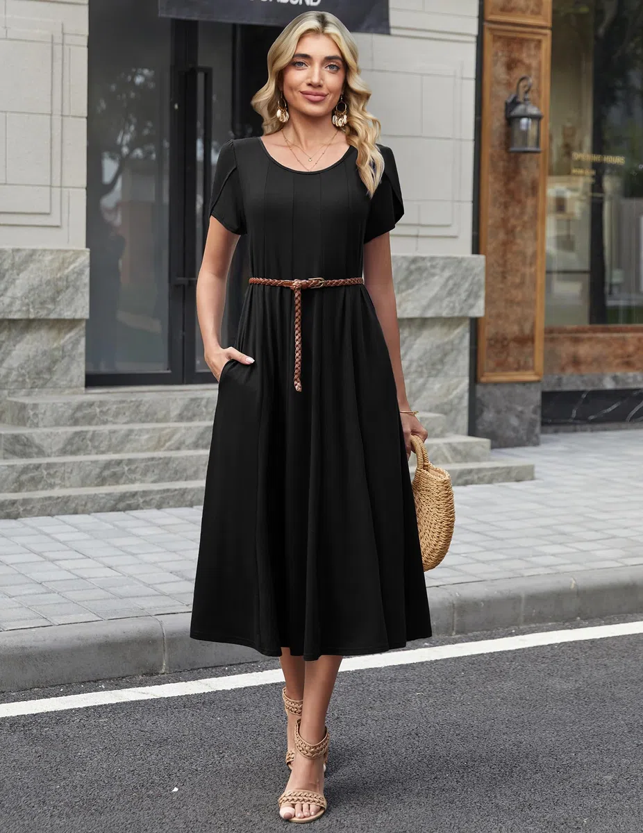 Zeagoo Abito Donna Estivo Casual Vestito Midi Manica Corta con Tasche A‑Line Leggero per Primavera Estate S-XXL