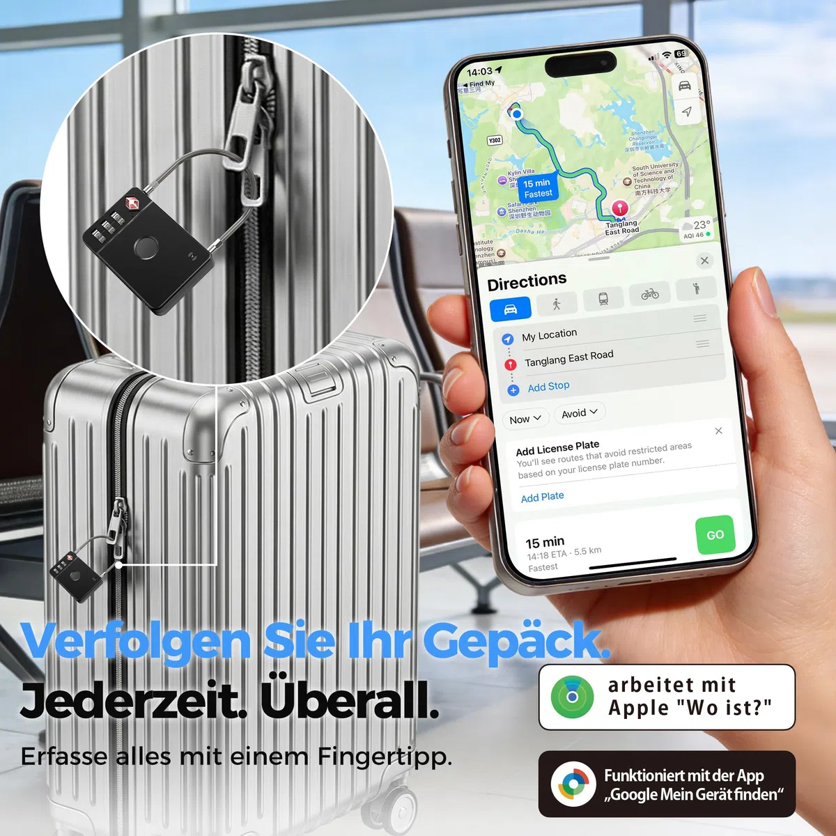 MiLi Lucchetto intelligente per valigia con tracker, lucchetto da viaggio approvato TSA, compatibile con iOS Dov’è & Google Funzioni Trova App, lucchetto a combinazione per valigia