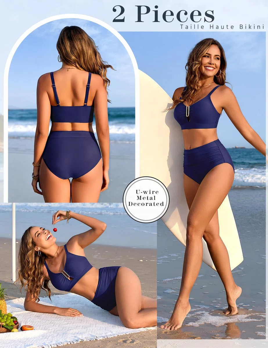 UMIPUBO Costume da Bagno Donna Due Pezzi Push Up U Vita Alta Bikini Set Imbottito Reggiseno Sexy Costumi da Mare Metallo Collo U Beachwear