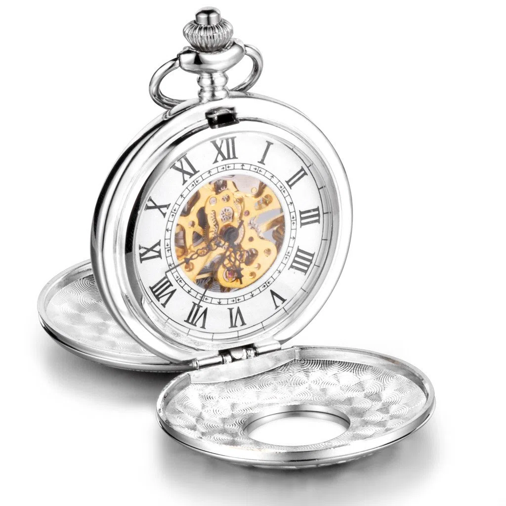 Infinite U, grande orologio meccanico da taschino con cassa di alta qualità a doppio coperchio, numeri romani, in acciaio, con lunga collana in argento e con sacchetto regalo, per uomo o donna