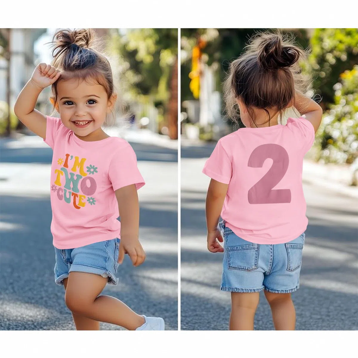 Maglietta per il 2° compleanno per ragazze "I'm Two Cute" Stampante Shirt Secondo Compleanno Camicie Festa di Compleanno Abbigliamento Estivo Manica Corta Top Morbido Girocollo Tshirt 2 Anni Bambini