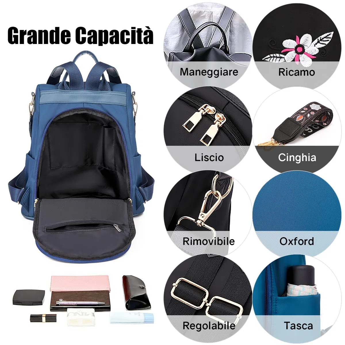 Zaino Antifurto Donna, Borse Zainetto Donna Impermeabile, Borsa a Tracolla Moda per Uscire, Lavoro, Viaggio, Scuola, Università