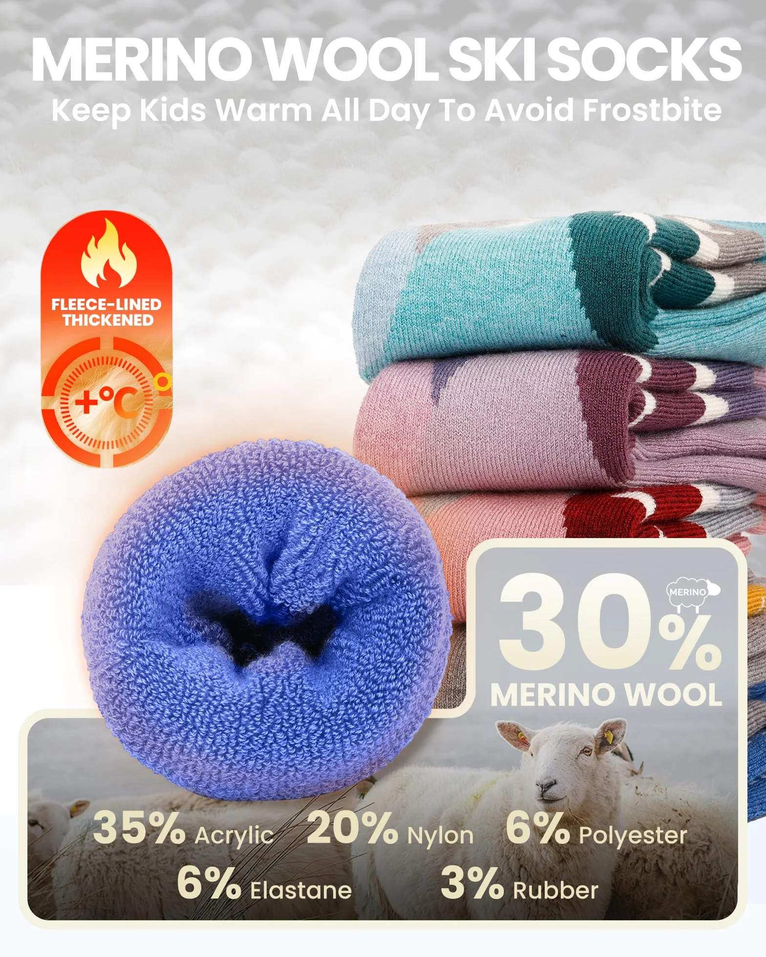 OutdoorMaster 2 Paia Lana Merino Calze da Sci per bambini, Calze Invernali da Snowboard Traspiranti per Ragazze/Ragazzi per Sport All'aria aperta con Sopra il Polpaccio Design/Polsini Antiscivolo