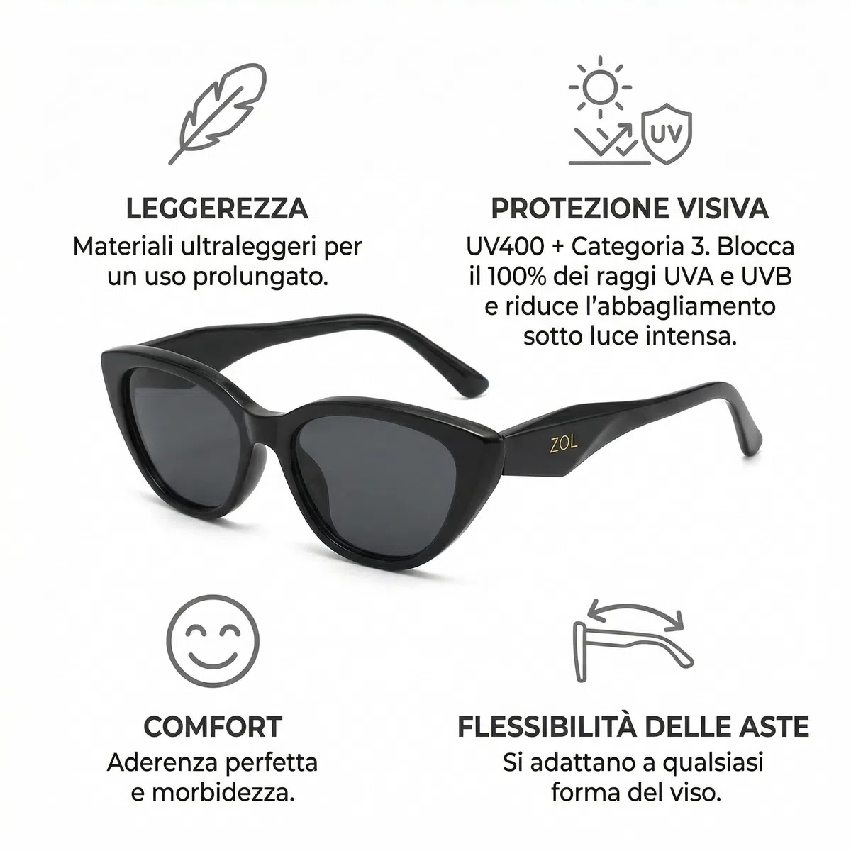 ZOL SOLENNE Occhiali da Sole Donna Cat Eye, UV400 Categoria 3, Sunglasses occhi di gatto, Montatura e Lenti in Policarbonato Leggeri e Resistenti, Cerniere Rinforzate, Certificazione CE