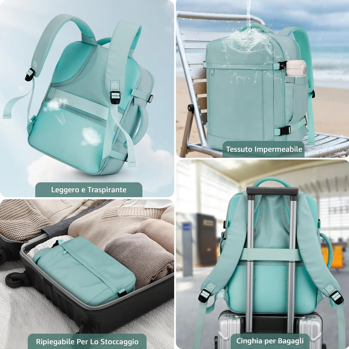 VSNOON Zaino per Ryanair 40x30x20 Zaino da Viaggio Aereo Bagaglio a Mano Borsa da Cabina Borse Valigia Zaini Casual Unisex per Wizz Air EasyJet Laptop Daypack, Verde