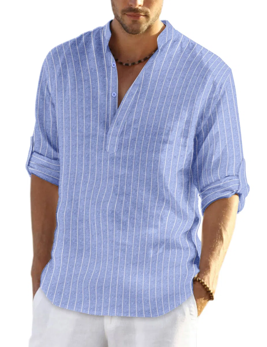 COOFANDY Camicia Henley a Maniche Lunghe da Uomo Camicia in Lino Camicia Estiva Casual vestibilità Regolare in Cotone