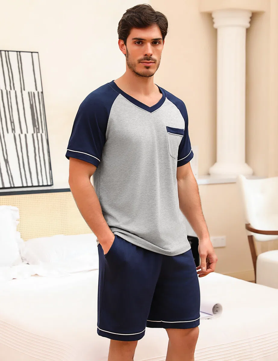 Pigiama Uomo Cotone Corto Estivo Pigiami Due Pezzi Set da Notte Casa Maniche Cort Leggero Scollo a V e Pantaloncini Scozzesi con Tasche