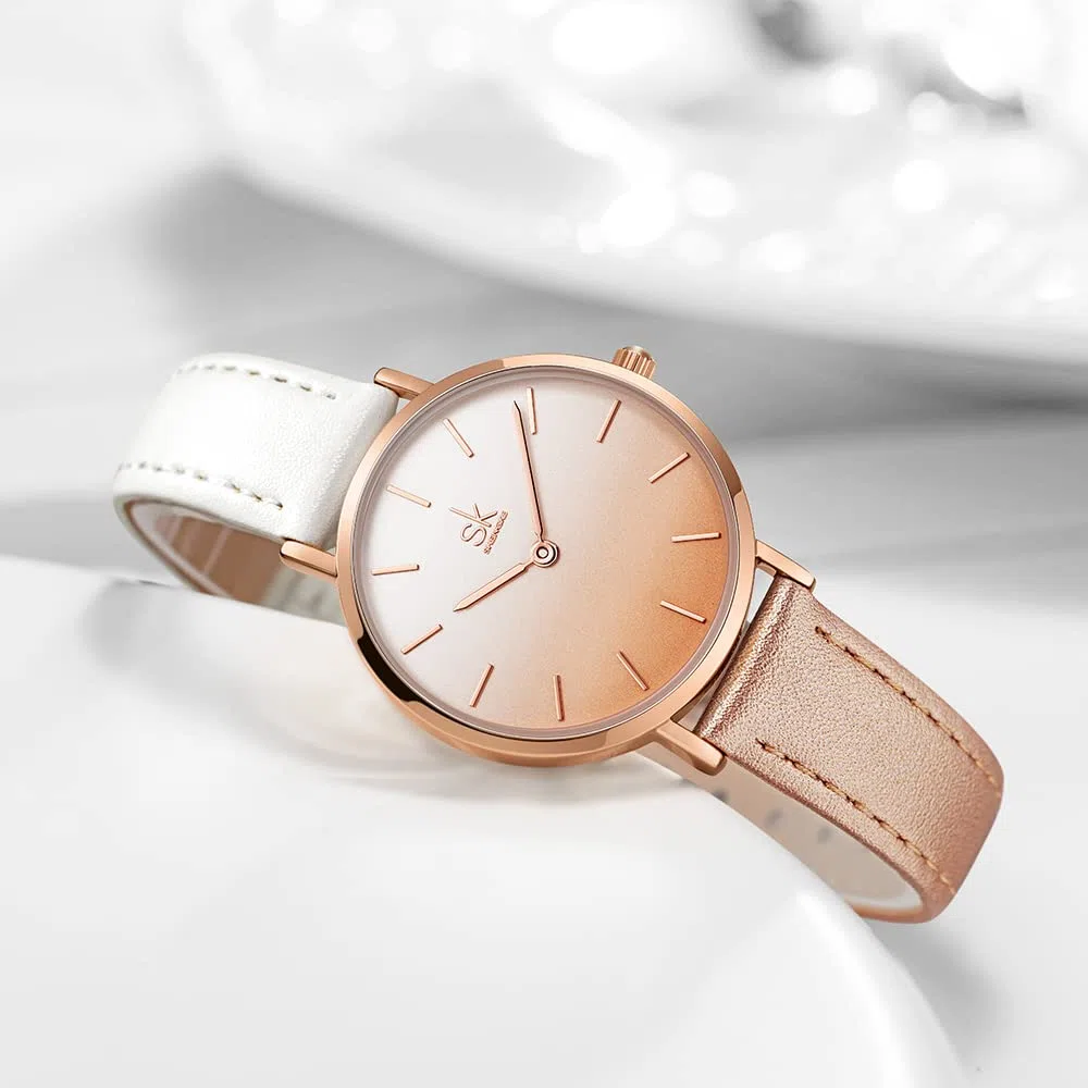 SHENGKE SK - Orologio da donna ultra sottile minialista, con cinturino in pelle, con due mani
