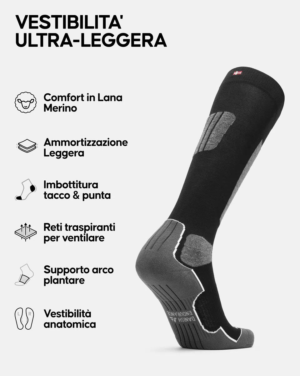 DANISH ENDURANCE Calze Sci Lana Merino Uomo Donna, Calzini Termici Invernali, Imbottitura Leggera e Vestibilità Anatomica