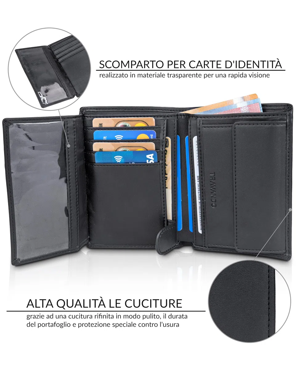 TRAVANDO Portafoglio Uomo Roma con protezione RFID - Porta Carte di Credito con Portamonete in formato Verticale