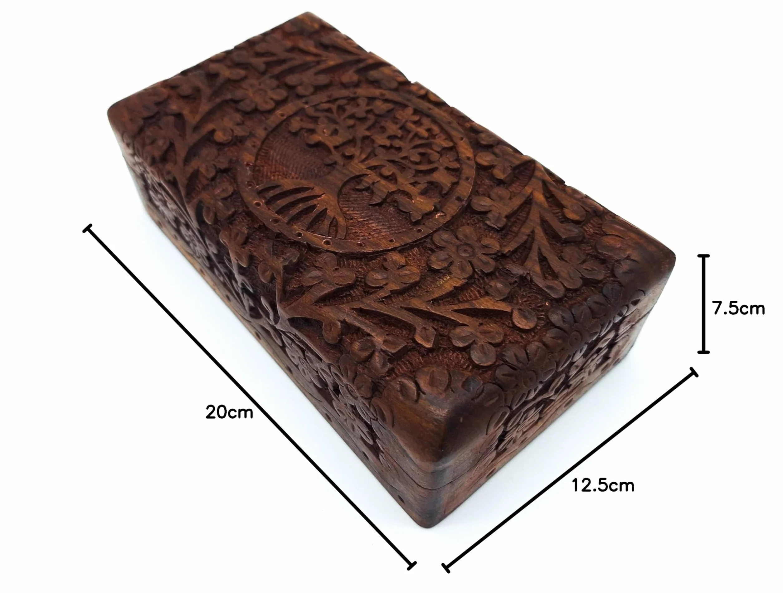 Scatola in legno fatta a mano, misura M, con albero della vita, per gioielli, per famiglia, spiritualità, stile di vita, India (dimensioni M 17 x 9,5 x 5,5 cm, peso circa 375 g)