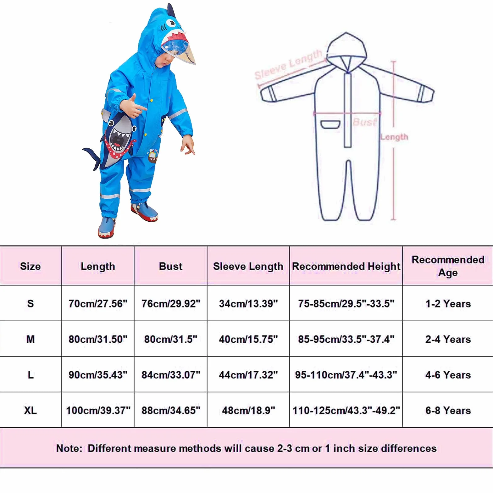 JinBei Vestiti per bambini Ragazzi Ragazze All in One Impermeabile con Cappuccio Impermeabile Unisex Leggero Carino Modello 3D Rainsuits Poncho Traspirante Cappello Trasparente Strisce Riflettenti