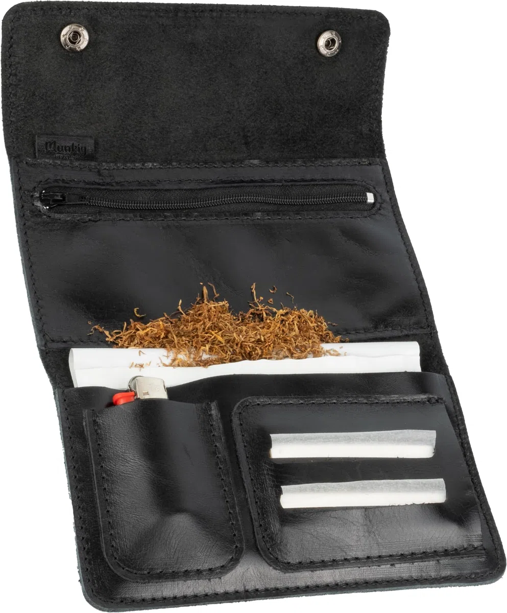 Portatabacco in Vera Pelle Artigianale – Astuccio Porta Tabacco con Zip e Tasche per Cartine, Filtri e Accendino - Made in Italy (Nero)