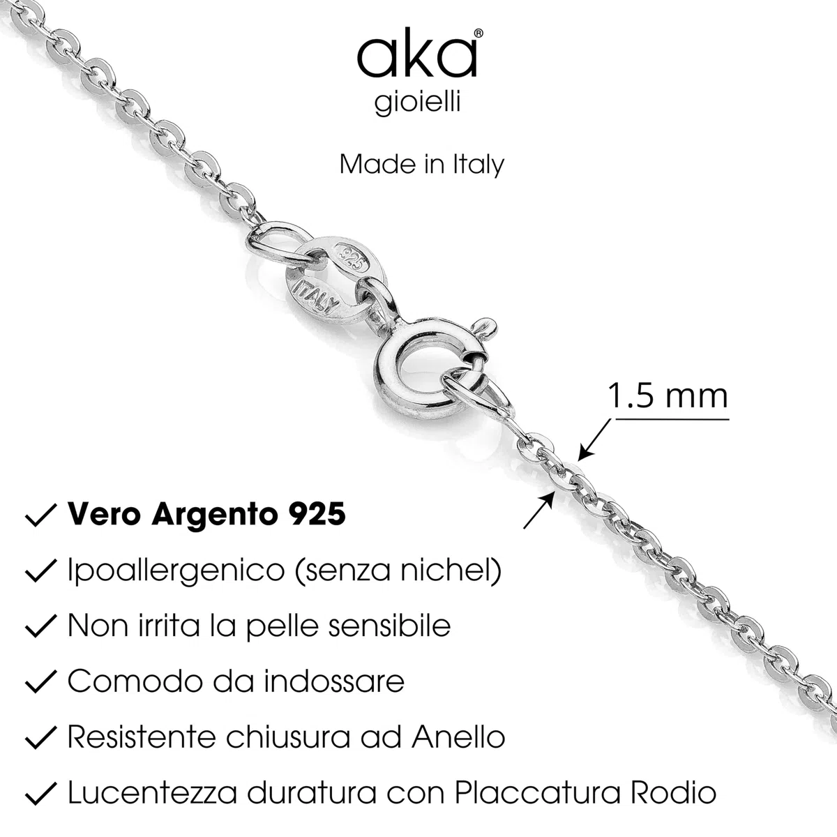 Aka Gioielli® - Catenina Forzatina Rolò Laminata 1.5 mm Argento Sterling 925 Rodiato - Collana Fine Donna Argento 925 Lunghezze: 35 40 45 50 55 60 65 70 80 cm