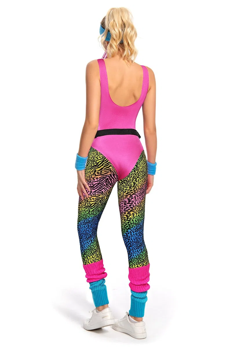 Costume da fitness anni '80 da donna, set di 6 pezzi, tuta colorata per aerobica, abbigliamento da yoga e pantaloni sportivi