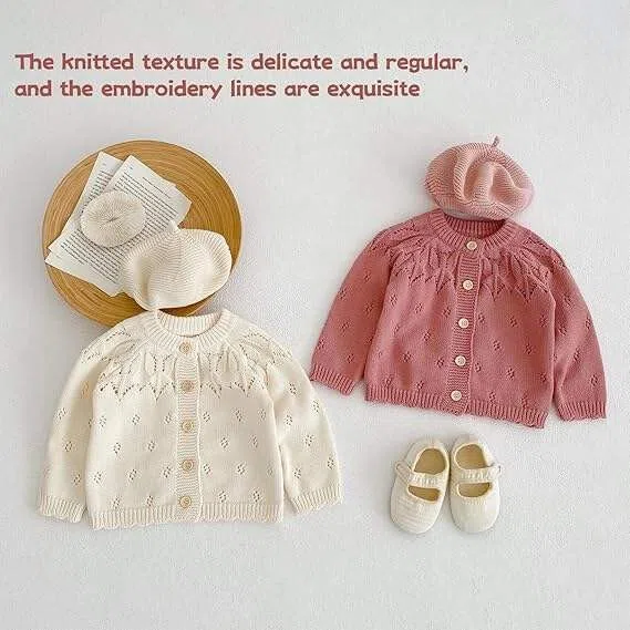 Cardigan Bambina - Maglia Cotone Manica Lunga Scollo Tondo Bottoni Maglia Jacquard - Cappottino Primavera Autunno per Neonate 3M-3 Anni