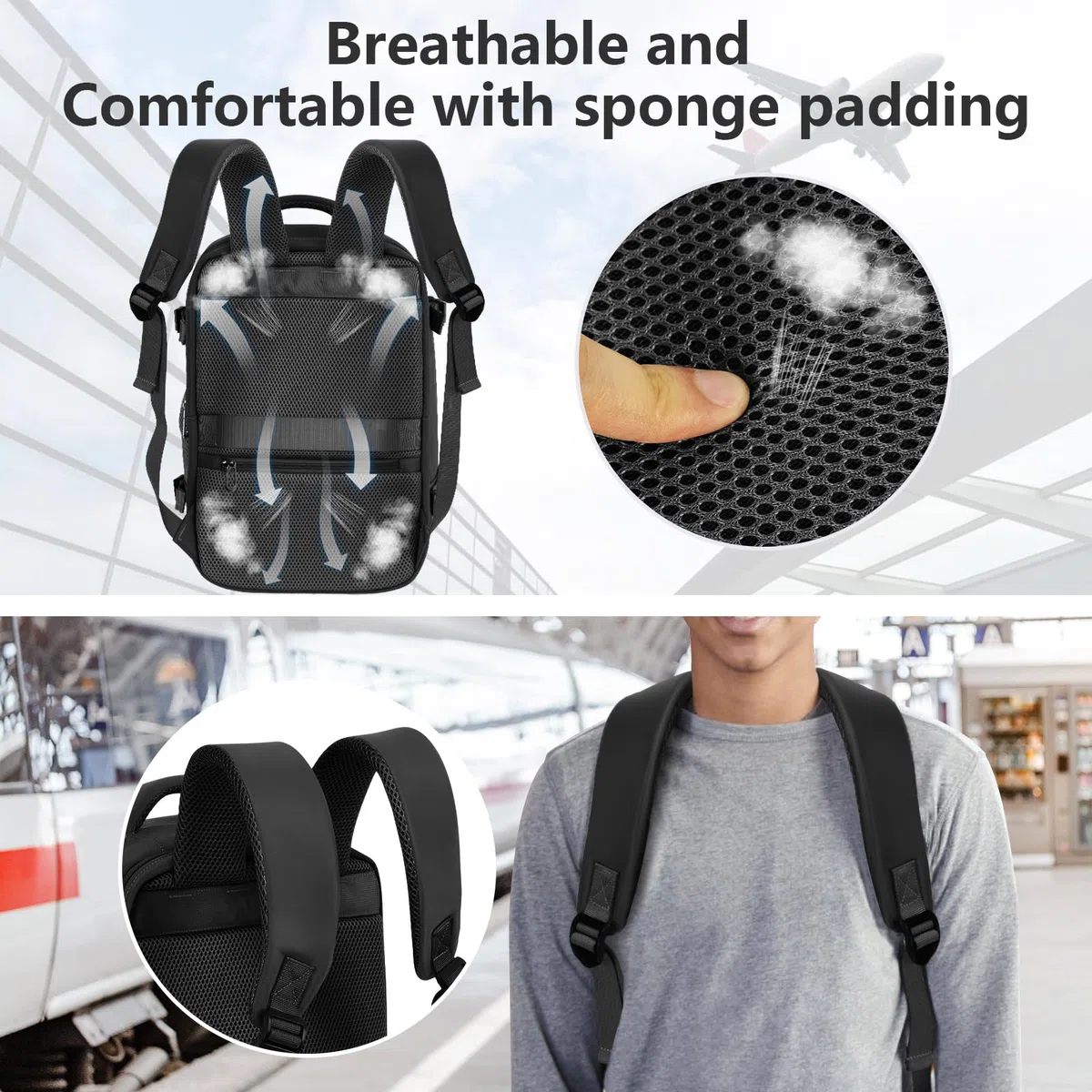 OTAHGK Bagaglio a Mano 40 × 20 × 25 per Ryanair, Zaino da Viaggio Sotto il Sedile Aereo Borsa da Cabina Voli Zaini Casual Valigia Ufficio Scolastico Lavoro Borse Adatto a Laptop da 14 pollici-Nero