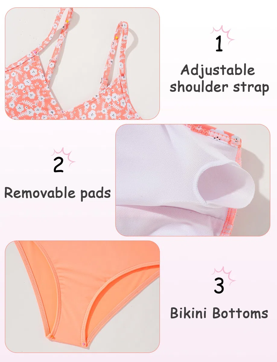 Happy Cherry Ragazze Costume da Bagno 3 Pezzi Bikini Top con Coprire Gonna da Spiaggia Bambina Nuoto Costume Surf Costumi da Bagno Stampa Floreale 8-14 Anni