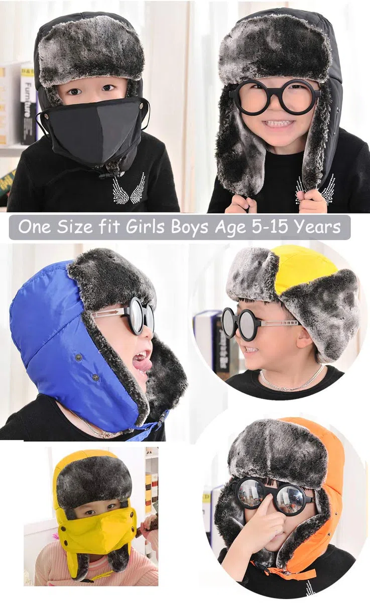 Cappello Invernale Unisex per Bambini dai 5 ai 15 Anni, Foderato in Pelliccia Termica con Aletta per Le Orecchie, Antivento, Copertura per la Bocca, Neve, Sci, Snowboard, Bomber, Bambino, Nero