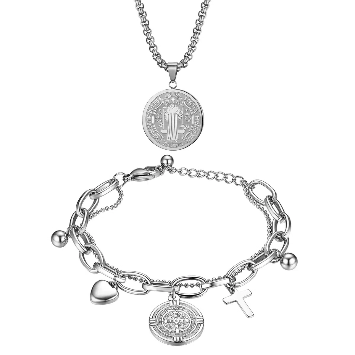 OIDEA Set di 2 braccialetti, collana con ciondolo a forma di medaglia, San Benedetto, croce medaglia, regolabile, in acciaio inox, argento, Acciaio inossidabile