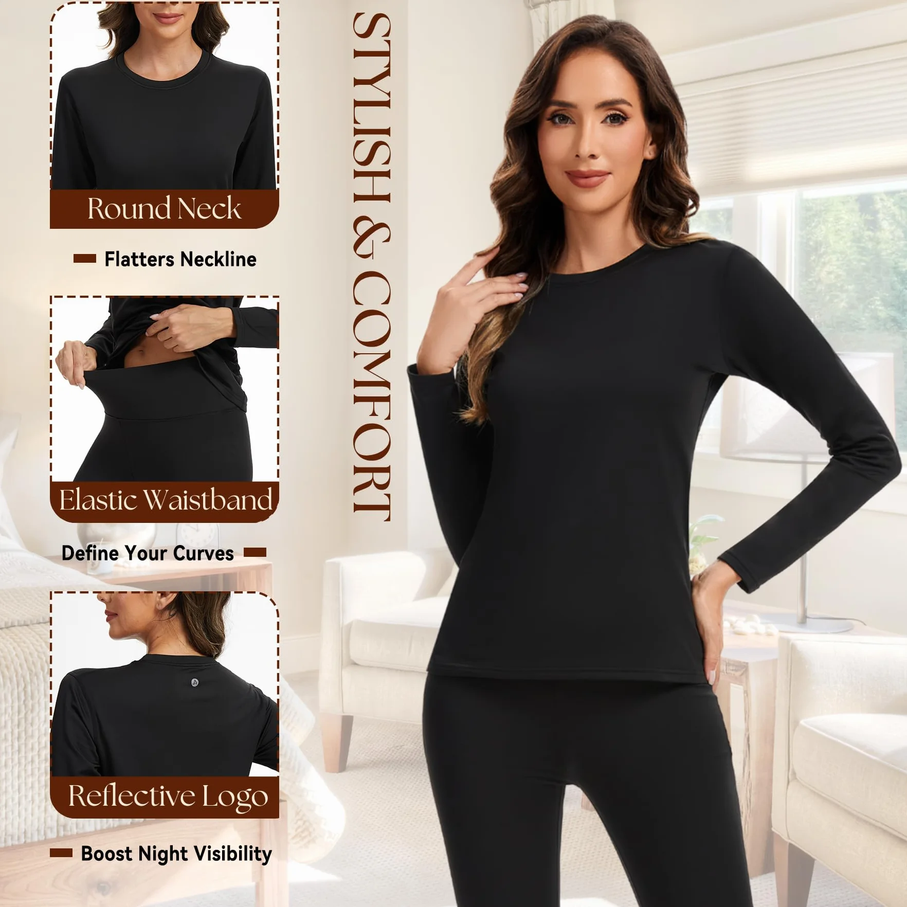 AMZSPORT Donna Set Termico Intimo Completo, Biancheria Termica Funzionale per Sci e Invernale, Maglia a Lunga Manica & Pantaloni Base Traspirante