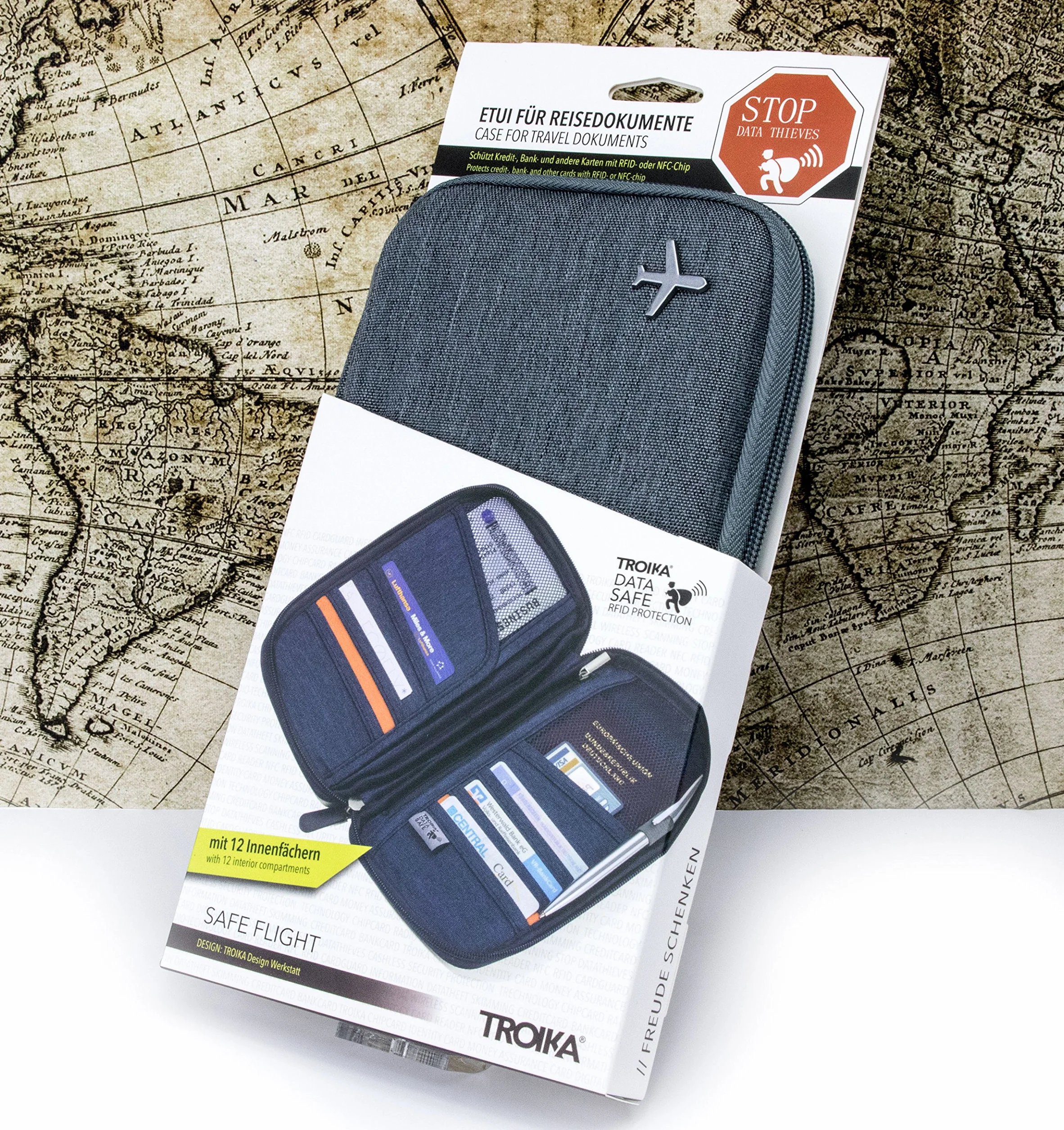 TROIKA Safe FLIGHT TRV20/GY - Custodia per documenti di viaggio, con pellicola protettiva per la lettura (per chip RFID), chiusura lampo, 12 scomparti interni, passante per penna, poliestere,