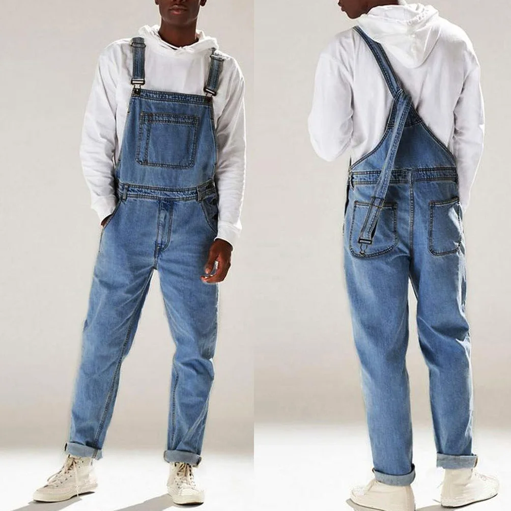 Jeans Salopette da uomo blu, salopette da lavoro da uomo, a pagliaccetto, regolare, vestibilità cargo, pantaloni leggeri, per il tempo libero, comodi, tuta estiva a sospensione ad asciugatura rapida