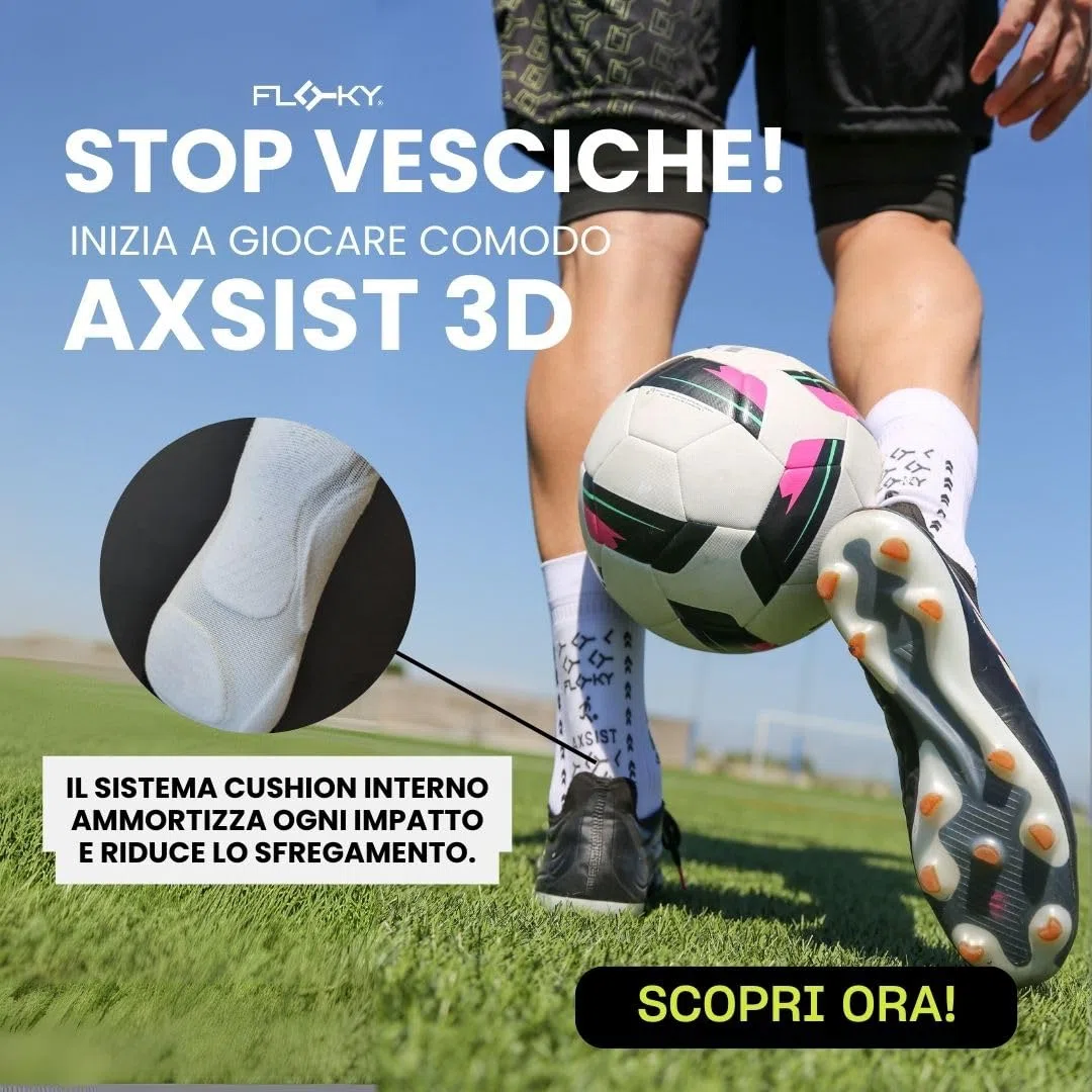 FLOKY AXIST 3D calze da calcio e rugby biomeccaniche. Calza a compressione, antiscivolo. Caviglia stabilizzata, protezione tendine d'Achille, massimo grip, supporto plantare.