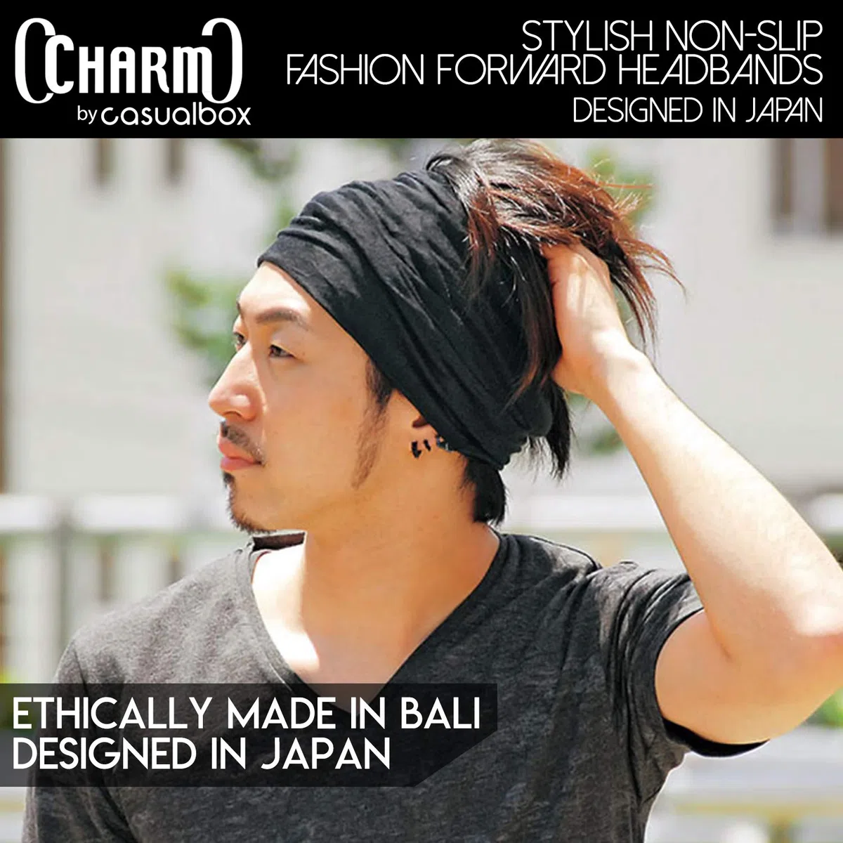 CHARM Bandana Elastico Uomo, Fascia Capelli Donna Stile Giapponese, Per Capelli Lunghi E Dread, Fascia Testa Avvolgente Nero