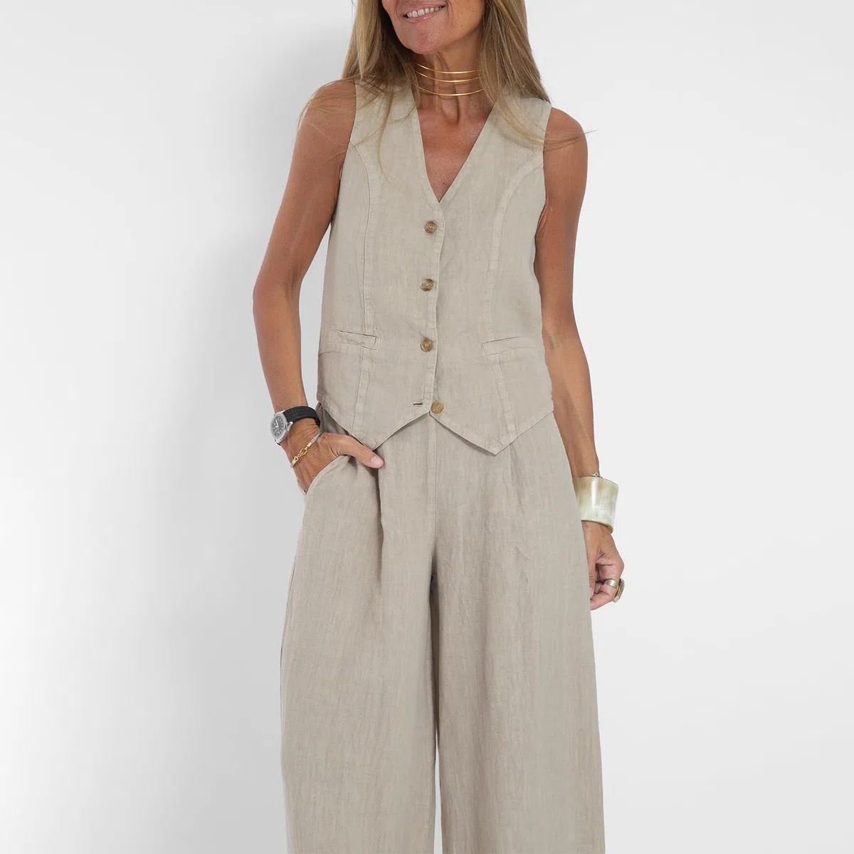 Set gilet e pantaloni da donna, in cotone e lino, con bottoni, senza maniche, blazer a gamba larga, set di pantaloni da lavoro
