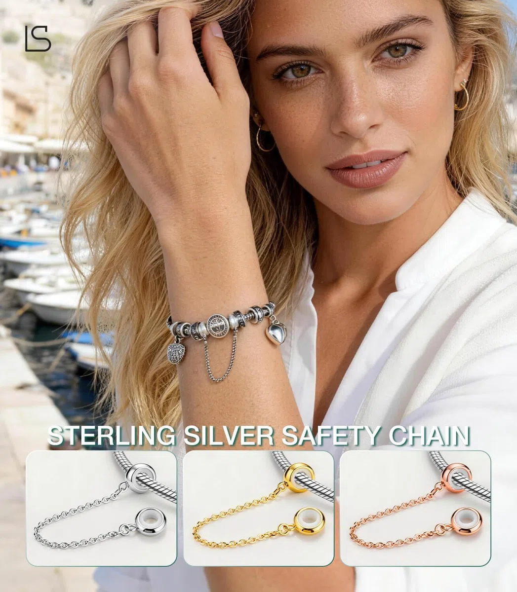 LOVANS Charms Stopper 925 Catena di Sicurezza in Argento Sterling con Perline di Gomma Intercalare per Braccialetti di Fascino in Argento Sterling Europeo Stopper