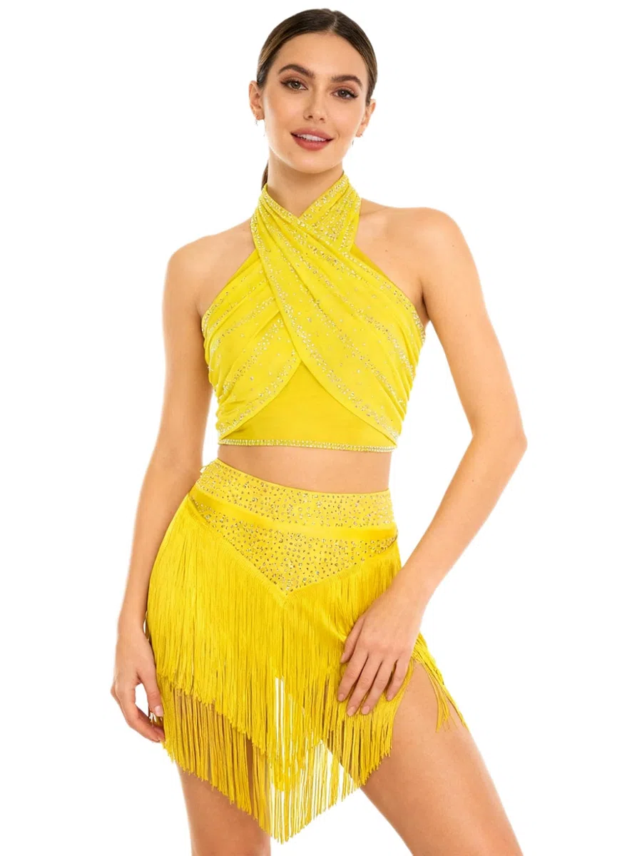 Freebily Abito da Ballo Latino Americano Donna con Frange Nappe Vestito da Danza Salsa Latina Moderna Abito da Pattinaggio Artistico con Strass Costume Danza del Ventre