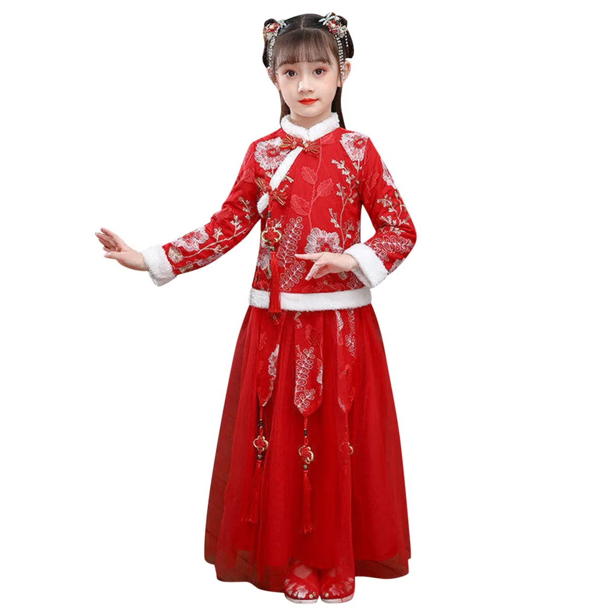Bambino bambini bambino bambino fata canapa pile foderato caldo cappotto giacca top per Capodanno cinese principessa tulle gonne ricamo tang tuta prestazioni costumi abito 128