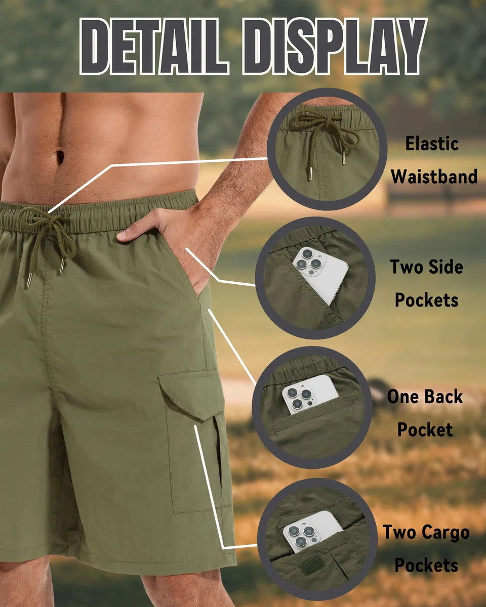 AMZSPORT Pantaloncini Trekking Cargo da Uomo Leggeri Asciugatura Rapida Bermuda Shorts Cintura Elastica 5 Tasche con attività All'aperto, Tempo Libero e Ciclismo