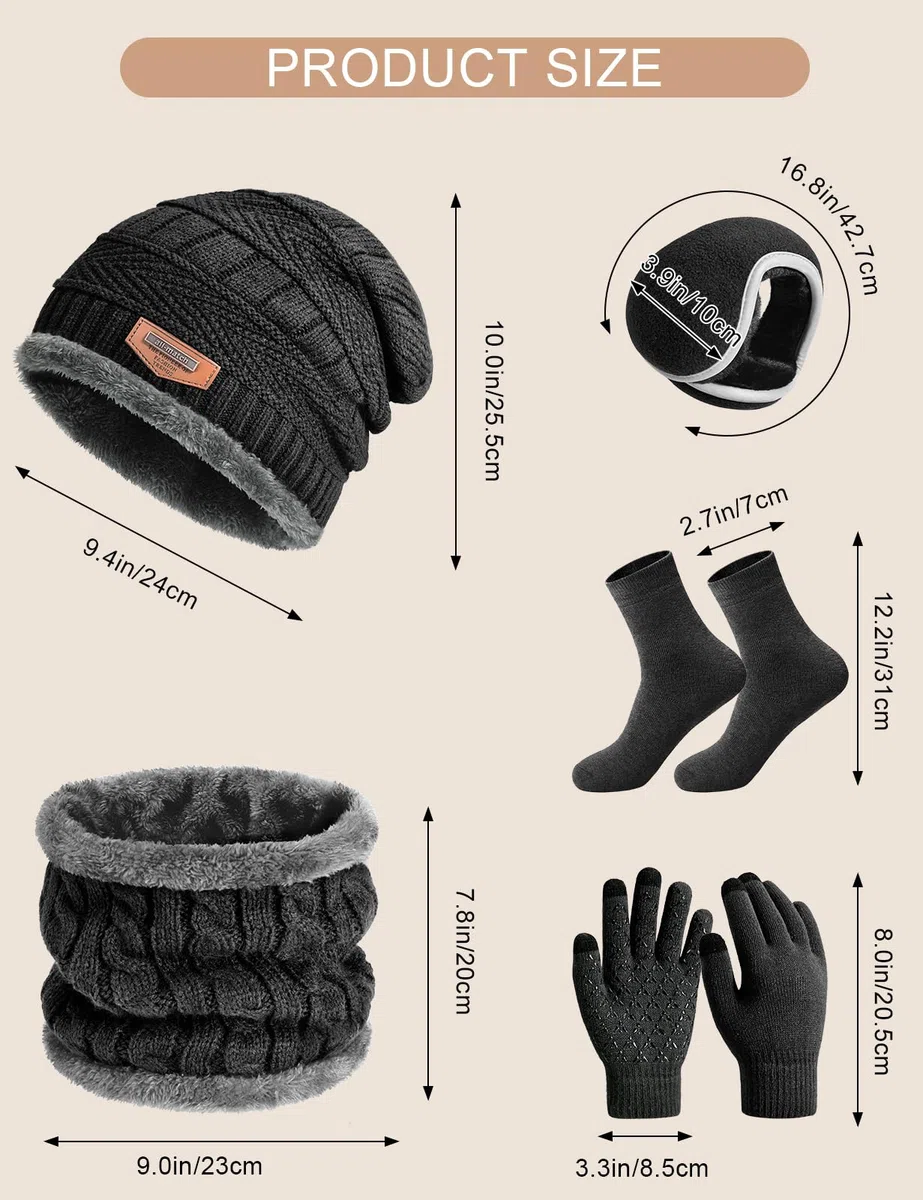 heekpek Set Cappello Guanti Sciarpa Scaldaorecchie e Calzini Uomo Invernale Berretto in Maglia con Sciarpa Morbido Caldo Outdoor Invernali Set da 5 Pezzi per Uomo