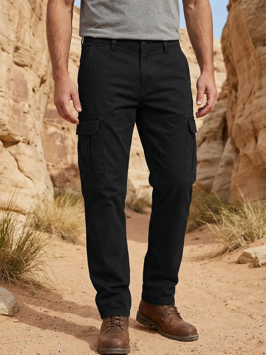 Runcati Pantaloni da uomo, vestibilità normale, pantaloni cargo da uomo, tinta unita, casual, in cotone, elastico in vita, pantaloni sportivi per attività all'aria aperta, con tasche