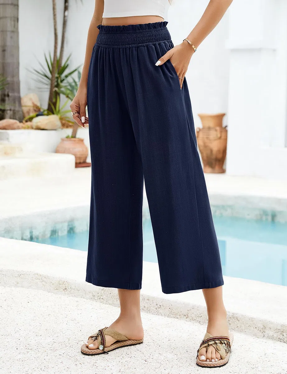 Pantaloni Lino Donna Estivi Leggeri Pantaloni Larghi Cotone e Lino Elastici in Vita 7/8 Pantaloni a Gamba Eleganti Casual Allentati Comodi Pants con Tasche