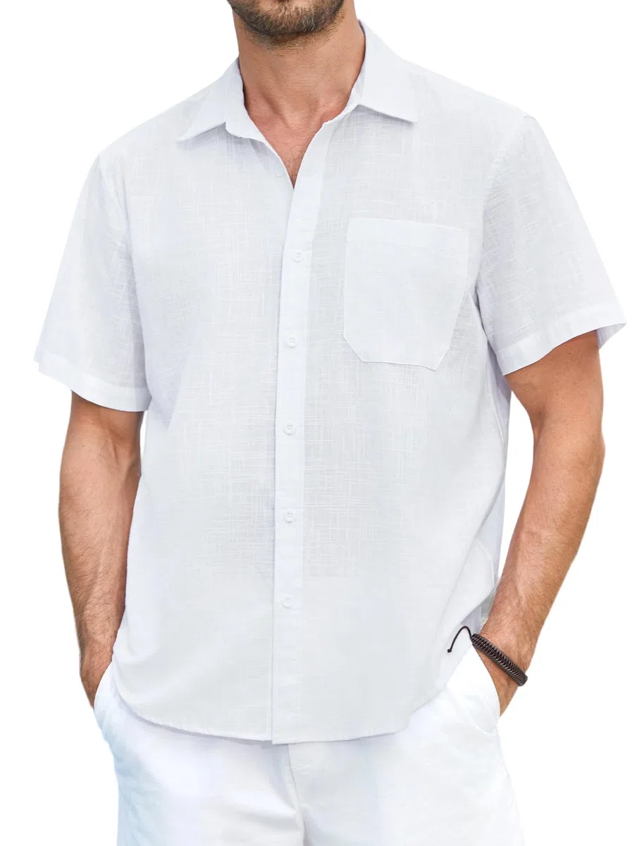 HISDERN Camicia Lino Uomo Manica Corta Casual Estate Lino Cotone Camicie per Spiaggia Vacanza Lavoro Camicia con Bottoni Tasca Regular Fit