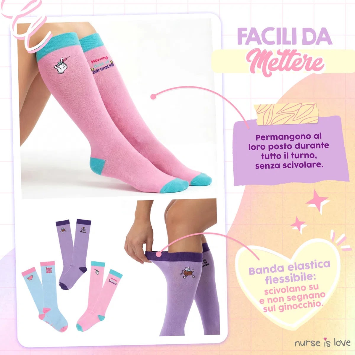 Nurse is Love. Calze Compressione Graduata Donna Per Infermiera Fantasia - Calze Antitrombo Donna OSS, Medici | 15-20 mmHg Cotone | Regalo Laurea - PT