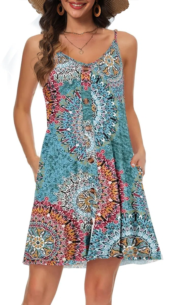 Vestito Estivo da Donna Copricostume Abiti con Scollo a V Tasche Vestito Spiaggia Cinturino Spaghetti Abito Casual Corto Prendisole Copricostume