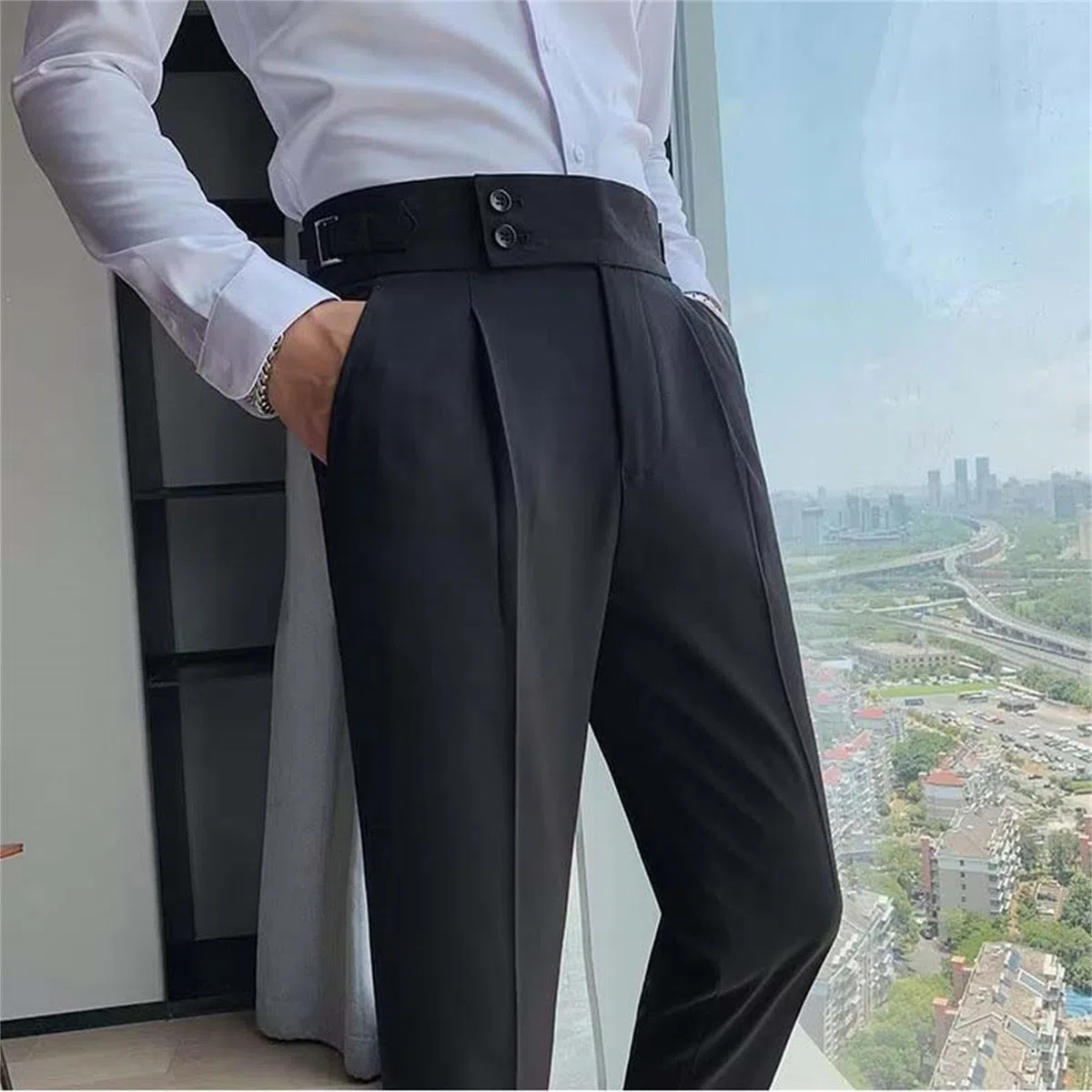 2026 Costume da uomo Slim Fit Small Foot Vita Alta Tinta unita Pantaloni da lavoro con gamba dritta