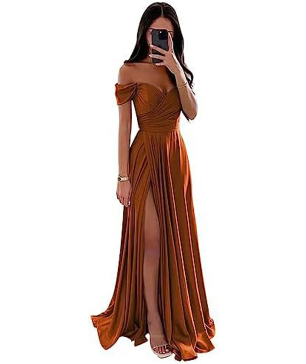 ECDAHICC Schulterfreies Brautjungfernkleid For Damen Satin Langer Schlitz Elegantes Formelles Abendkleid A-Linie Hochzeits und Partykleid