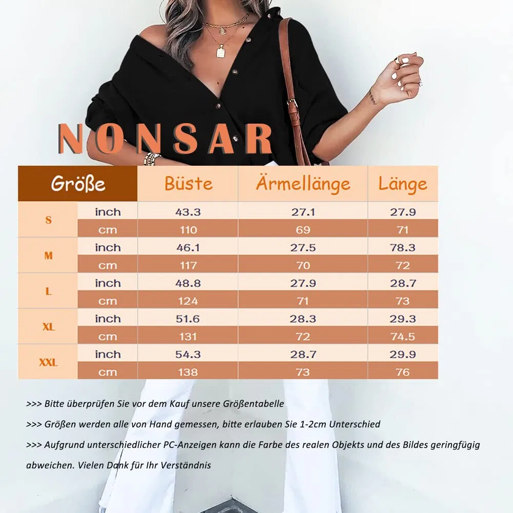 NONSAR - Camicetta da Donna Casual, Camicia con Scollo a V, 100% Cotone, vestibilità Ampia, Tessuto Spesso in Tinta Unita, Top Elegante con Tasca