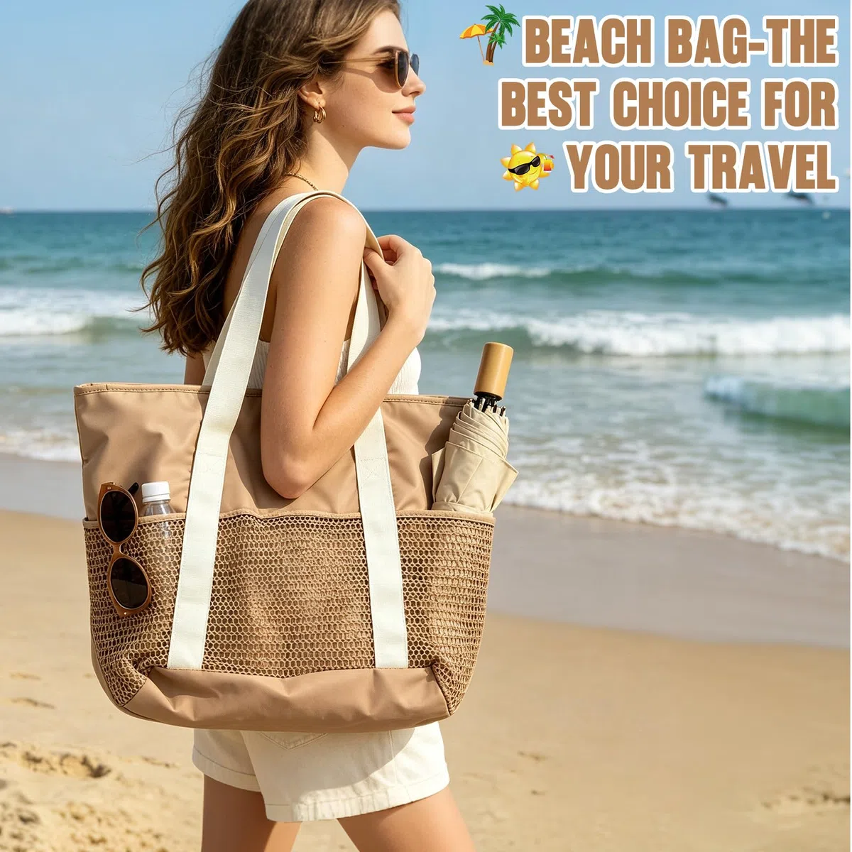 Borsa da spiaggia da donna, con chiusura lampo, grande borsa da spiaggia XXL, borsa per la famiglia, impermeabile, per piscina, borsa da spiaggia pieghevole