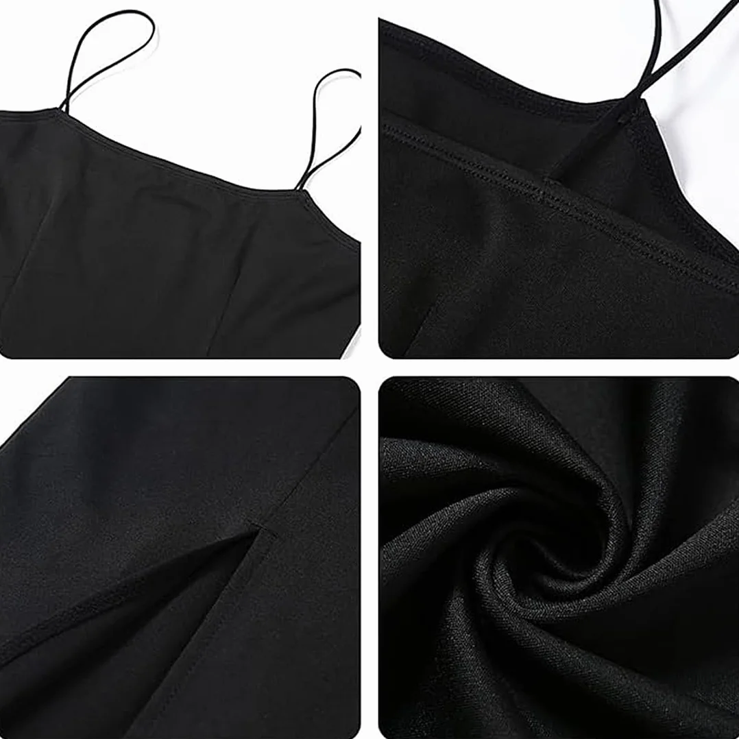 Vestito Aderente Donna Nero Sexy Abito Senza Manica Scollo a Abito Lungo Spaghetti Strap Vestito con Spacco da Sera Casual Cerimonia Matrimonio