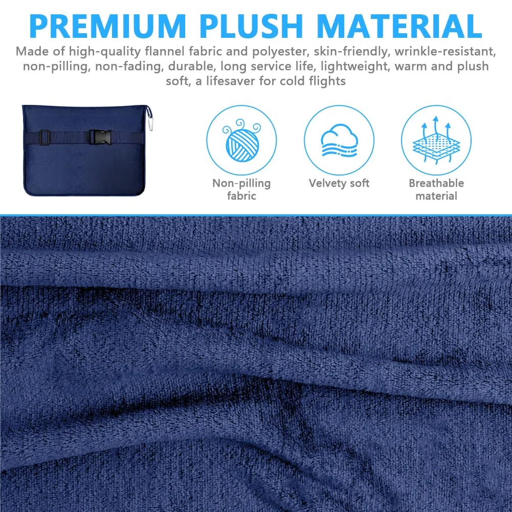 Flintronic Coperta da Viaggio 2 in 1, 155 x 130 cm, morbida coperta aeronautica con federa e tappi per le orecchie, ultraleggera per vacanze, ufficio, casa, viaggi d'affari (blu