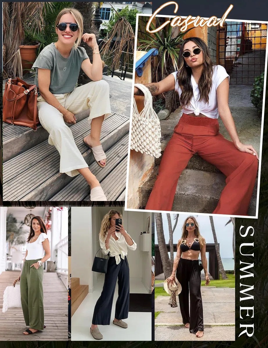 Pantaloni Lino Donna Estivi Pantaloni Elastico Vita Alta Larghi Eleganti Pantalone Casual da Spiaggia Comodi Leggeri con Tasche