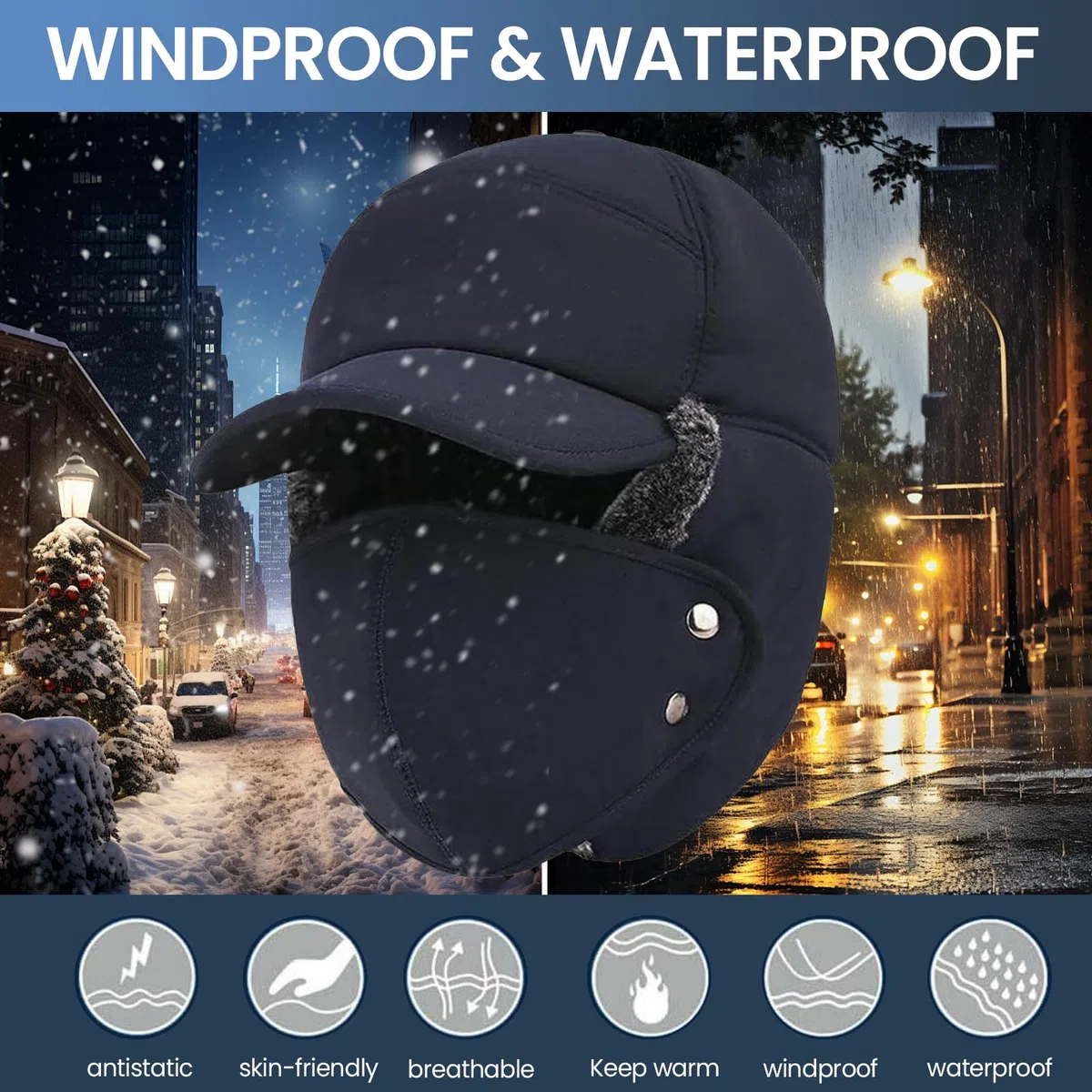 Eznaobo Cappello unisex antivento caldo protezione per le orecchie protezione del viso, cappello invernale 3 in 1 in pelliccia sintetica cappello da sci scaldacollo paraorecchie termico antivento
