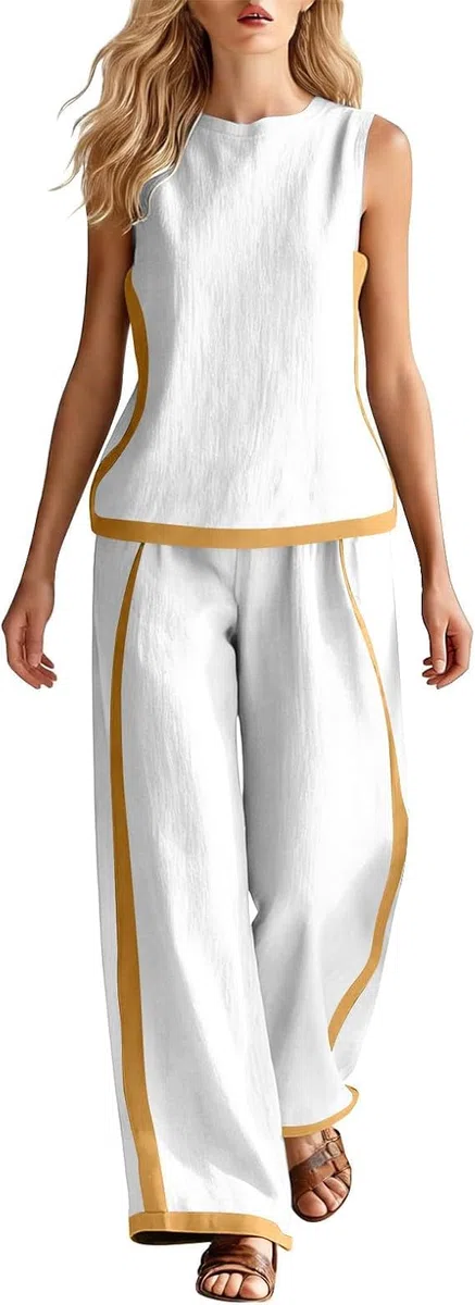 Tuta Estiva Donna Senza Maniche Cotone Set Completo Estivo 2 Pezzi in Lino Canottiere e Pantaloni Completi Estivi Curvy Casual Elegante Larghi Abbigliamento Estive Spiaggia per le Vacanza
