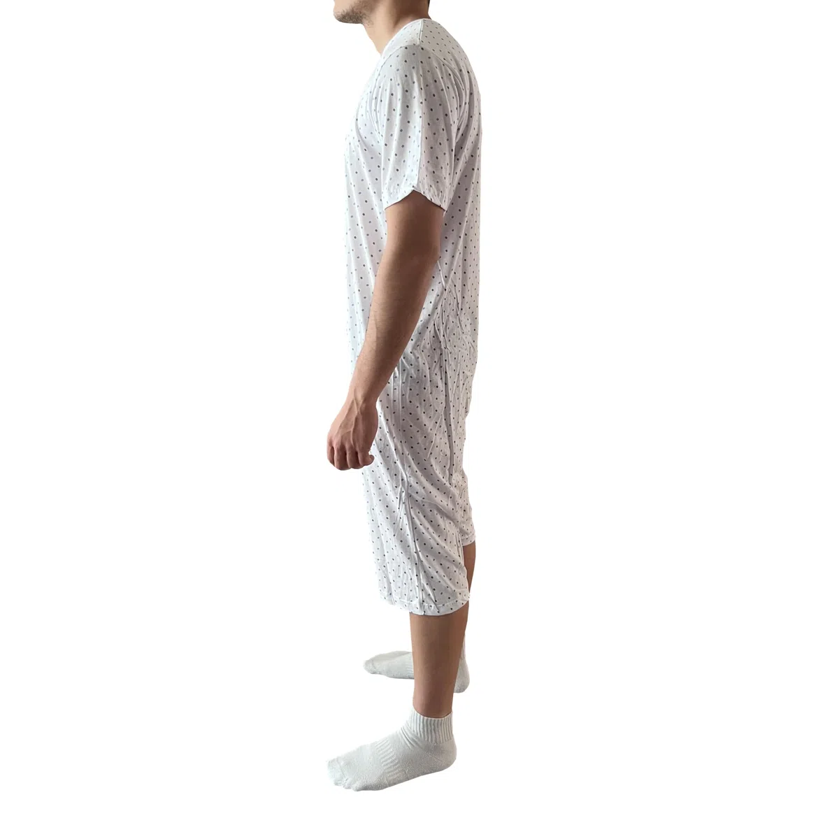 Pigiama Sanitario Uomo Estivo Anziani Maniche Corte E Pantaloncino, Tutone Cerniera Posteriore, Chicchi caffè Cielo e Grigio